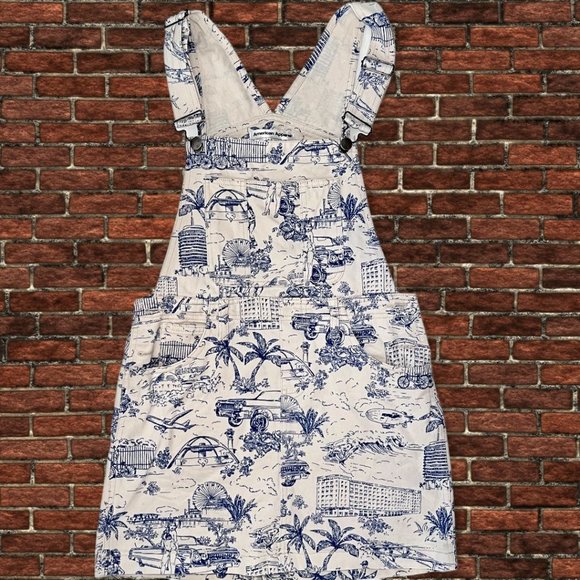 American Apparel Dresses & Skirts - AMERICAN APPAREL White Blue World Travel Toile LA CA Denim Skirt Overalls S